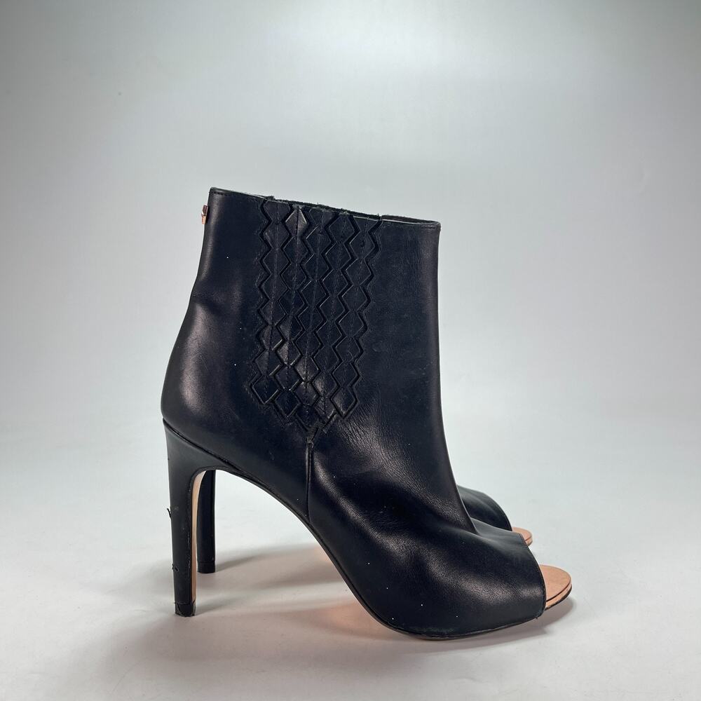 Ted Baker Black Leather Gold Peep Toe Heeled Ankle Booties Women's Sz 6.5 EU 37